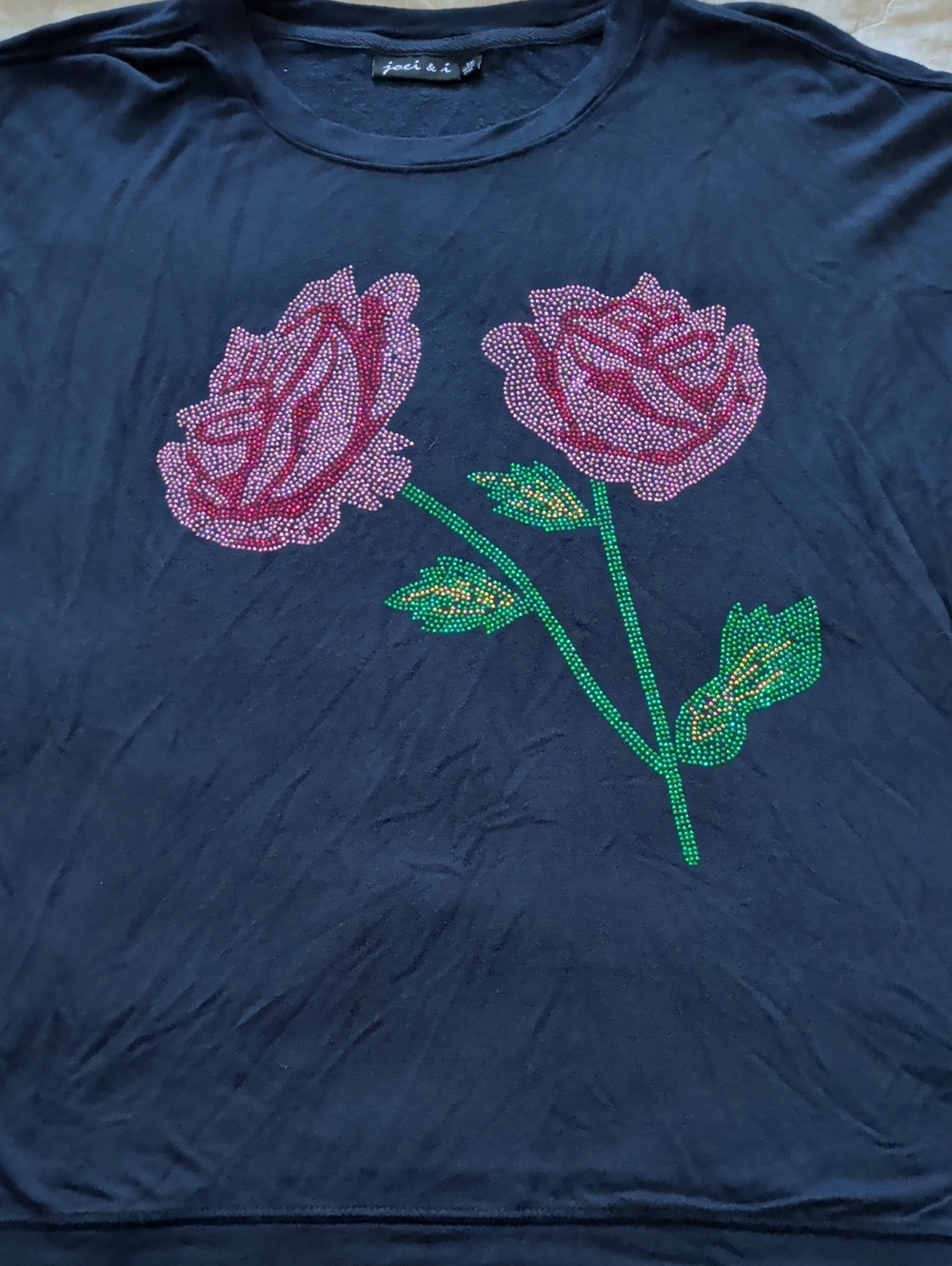 Blue Tee with Pink Rhinestone Roses Long Sleeve Size 1X Joei & I